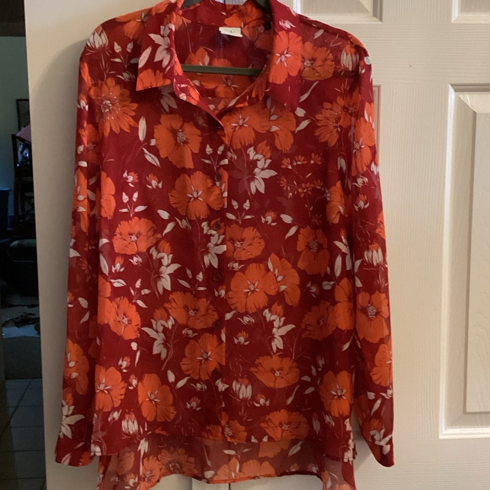 CAbi Red and Orange Floral Blouse